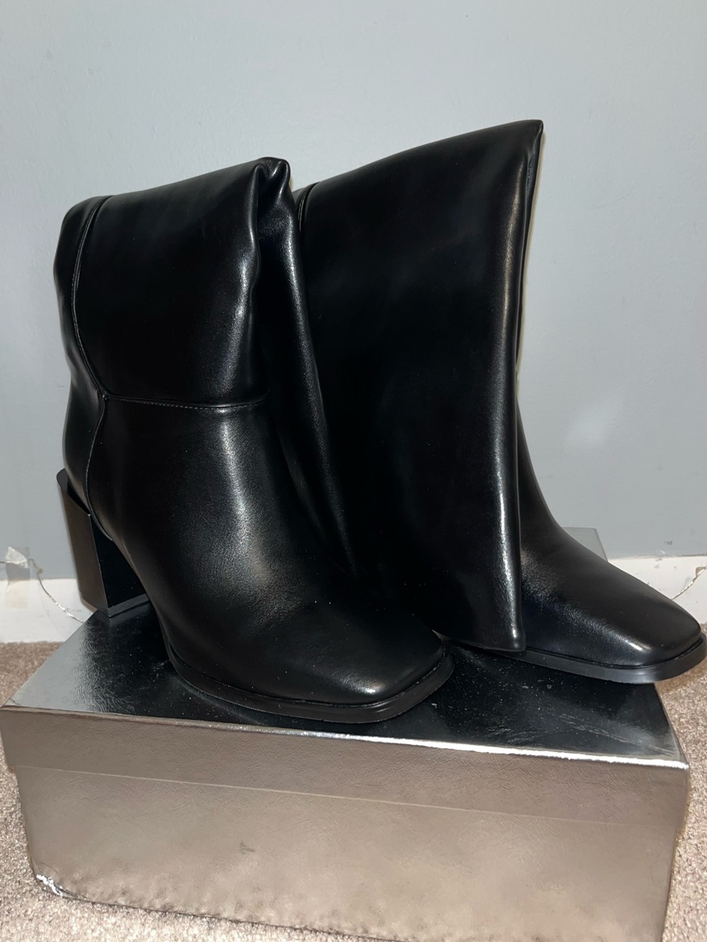 Black Leather Block Heel Boots